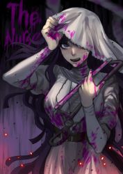 Rule 34 | 1girl, black hair, blood, blood on clothes, blood on face, bonesaw, breasts, character name, commentary request, cosplay, cowboy shot, danganronpa (series), danganronpa 2: goodbye despair, doggye (zginrwsn), hacksaw, hands up, highres, holding, holding weapon, knife, large breasts, long hair, long sleeves, looking at viewer, nurse, one eye covered, open mouth, pink blood, purple eyes, purple hair, saw, smile, solo, teeth, the nurse (dead by daylight), the nurse (dead by daylight) (cosplay), tsumiki mikan, upper teeth only, very long hair, weapon
