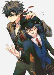 Rule 34 | 1boy, 1other, androgynous, belt, belt buckle, black hair, black jacket, blue vest, brown belt, buckle, cabbie hat, collared shirt, collared vest, fate/grand order, fate/samurai remnant, fate (series), glasses, hair over one eye, hair ribbon, hand on another&#039;s head, hat, highres, jacket, katana, long sleeves, low ponytail, miyamoto iori (fate), necktie, official alternate costume, official alternate hairstyle, pants, partially unbuttoned, pinstripe pattern, pinstripe shirt, plaid, plaid pants, red-framed eyewear, red necktie, red ribbon, ribbon, semi-rimless eyewear, sheath, sheathed, shirt, shokuhan shio, simple background, sparkle, striped clothes, striped shirt, suit jacket, sword, tie clip, vertical-striped clothes, vertical-striped shirt, vest, weapon, white shirt, yamato takeru (fate), yamato takeru (second ascension) (fate), yellow eyes