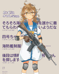 Rule 34 | 1girl, ahoge, assault rifle, text background, bandaid, bandaid on face, blue sailor collar, bow, brown eyes, brown gloves, brown hair, commentary request, cosplay, cowboy shot, dated, dress, elbow pads, glasses, gloves, grey background, gun, howa type 89, kaiboukan no. 4 (kancolle), kantai collection, knee pads, long hair, looking at viewer, low twintails, original, rifle, sailor collar, sailor dress, socks, solo, twintails, weapon, white dress, white socks, yellow bow
