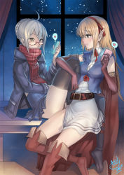 Rule 34 | 10s, 2girls, ahoge, arisa (shadowverse), artist name, artoria pendragon (all), artoria pendragon (fate), asdj, belt, black footwear, black legwear, blonde hair, blush, boots, cape, cellphone, coat, dress, elbow gloves, eye contact, fate/grand order, fate (series), glasses, gloves, granblue fantasy, green eyes, heart, highres, long hair, looking at another, multiple girls, mysterious heroine x (fate), mysterious heroine x alter (fate), mysterious heroine x alter (first ascension) (fate), phone, plaid, plaid scarf, pleated skirt, pointy ears, red footwear, saber (fate), scarf, school uniform, serafuku, shadowverse, sitting, skirt, smartphone, smile, snowing, thigh boots, thighhighs, thighs, window, yellow eyes, yuri