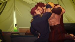 Rule 34 | 3boys, abs, absurdres, bara, beard, blush, body hair, brown hair, cape, closed eyes, couple, epaulettes, facial hair, fate/grand order, fate (series), french kiss, green hair, hand around neck, hand on another&#039;s arm, hand on another&#039;s thigh, helbai, highres, iskandar (fate), kiss, large pectorals, long sideburns, long sleeves, male focus, manly, military, military uniform, multiple boys, muscular, napoleon bonaparte (fate), nipples, pants, pectorals, peeking out, red hair, sandals, sideburns, skirt, tent, third-party source, tongue, tongue out, topless male, uniform, waver velvet, yaoi