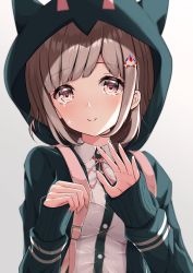 Rule 34 | 1girl, absurdres, arata (xin), bad id, bad pixiv id, blouse, blush, breasts, brown eyes, brown hair, cardigan, collared shirt, commentary request, crying, crying with eyes open, danganronpa (series), danganronpa 2: goodbye despair, dress shirt, grey background, hair ornament, hairclip, highres, hood, hood up, hooded cardigan, looking at viewer, medium breasts, nanami chiaki, neck ribbon, open cardigan, open clothes, pink ribbon, revision, ribbon, shirt, short hair, smile, solo, tears, upper body, white shirt