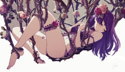 Rule 34 | 1girl, ass, babydoll, bare arms, bare legs, bare shoulders, barefoot, breasts, closed eyes, closed mouth, commentary request, diagonal bangs, feet, flower, grey background, hair flower, hair ornament, has bad revision, has downscaled revision, idolmaster, idolmaster shiny colors, long hair, md5 mismatch, medium breasts, minyom, navel, panties, pink flower, pink rose, purple hair, purple panties, red flower, red rose, resolution mismatch, rose, solo, source smaller, tanaka mamimi, the sleeping beauty (idolmaster), thorns, toes, two-tone background, underwear, underwear only, white background, white flower, white rose