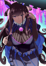 Rule 34 | 1girl, breasts, cleavage, closed mouth, curly hair, diamond (shape), dress, fate/grand order, fate (series), feet out of frame, flower, frills, hair ornament, hand up, highres, large breasts, long hair, long sleeves, looking at viewer, murasaki shikibu (fate), purple eyes, purple hair, sidelocks, solo, striped clothes, striped dress, two-cat-walk, umbrella, wisteria