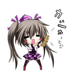 Rule 34 | 1girl, = =, blush stickers, brown hair, cellphone, closed eyes, female focus, hat, himekaidou hatate, long hair, nanatu yashiki, necktie, open mouth, phone, puffy sleeves, short sleeves, solo, tokin hat, touhou, translation request, twintails, very long hair, white background