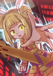 Rule 34 | 1girl, :o, abstract background, armor, armored dress, arms up, aura, blonde hair, bob cut, cityscape, clenched hand, double bun, dutch angle, foreshortening, hair bun, hair ribbon, haniwa (statue), joutouguu mayumi, looking at viewer, outstretched hand, puffy short sleeves, puffy sleeves, reaching, reaching towards viewer, ribbon, shirt, short hair, short sleeves, solo, standing, touhou, upper body, vambraces, white shirt, wool (miwol), yellow eyes