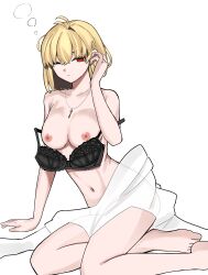 1girl absurdres arcueid_brunestud black_bra blanket blonde_hair bra breasts collarbone full_body highres large_breasts musi_2nd navel nipples nude one_eye_closed red_eyes short_hair solo tsukihime underwear