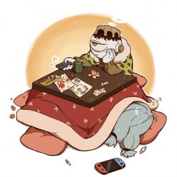 Rule 34 | 2boys, blue hair, brown jacket, candy, cape, chibi, child&#039;s drawing, controller, crayon, cup, cushion, cyclops, food, frown, fruit, highres, holding, holding remote control, jacket, jj dyu, jogo (jujutsu kaisen), jujutsu kaisen, kotatsu, long hair, long sleeves, mahito (jujutsu kaisen), male focus, mandarin orange, multiple boys, nintendo switch, one-eyed, paper, red eyes, remote control, table, v-shaped eyebrows, white background, yellow background, yellow cape, zzz