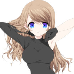 Rule 34 | 1girl, armpits, asymmetrical sleeves, bad id, bad pixiv id, black gloves, blue eyes, breasts, brown hair, gloves, hand in own hair, highres, long hair, looking at viewer, medium breasts, misteor, original, parted lips, solo, uneven sleeves, upper body