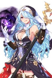Rule 34 | 1girl, alkyde (soccer spirits), armpits, black bra, black dress, black gloves, black skirt, black thighhighs, blush, bra, breasts, center opening, cleavage, cowboy shot, detached collar, dress, drill hair, elbow gloves, empew, garter straps, gloves, hair over one eye, hands up, holding, holding staff, large breasts, licking lips, long dress, long hair, looking at viewer, nun, official art, original, pleated skirt, purple eyes, sideboob, skirt, sleeveless, smile, soccer spirits, solo, staff, standing, teeth, thighhighs, tongue, tongue out, torn clothes, torn gloves, torn thighhighs, turtleneck, underwear, very long hair, wavy hair, white background, white gloves