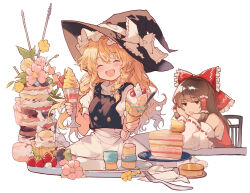 Rule 34 | 2girls, :d, ^ ^, asakura maru, bare shoulders, black hat, black vest, blonde hair, blush, bow, braid, brown hair, cake, cake slice, closed eyes, commentary request, cream, crossed bangs, detached sleeves, facing viewer, flower, food, fork, frilled bow, frilled hair tubes, frilled hat, frills, fruit, hair between eyes, hair bow, hair tubes, hakurei reimu, hand on own cheek, hand on own face, happy, hat, hat bow, head rest, highres, holding, holding food, ice cream, kirisame marisa, leaf, long hair, long sleeves, looking at another, multiple girls, open mouth, parfait, pink flower, puffy short sleeves, puffy sleeves, red bow, red eyes, red shirt, ribbon-trimmed sleeves, ribbon trim, shirt, short sleeves, side braid, sidelocks, simple background, single braid, skirt, sleeveless, sleeveless shirt, smile, strawberry, sweatdrop, touhou, turtleneck, vest, white background, white bow, white shirt, white skirt, white sleeves, witch hat, yellow flower