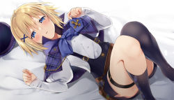Rule 34 | 1girl, argyle, argyle clothes, argyle legwear, asymmetrical legwear, bed sheet, beret, black shorts, black thighhighs, blonde hair, blue capelet, blue eyes, blue hat, blush, capelet, closed mouth, commentary, feet out of frame, hair between eyes, hair ornament, hands up, hat, knees up, long sleeves, looking at viewer, lying, natsume eri, no shoes, on back, original, plaid capelet, plaid headwear, shirt, short shorts, shorts, single sock, single thighhigh, sleeves past wrists, socks, solo, suspender shorts, suspenders, symbol-only commentary, thighhighs, uneven legwear, unworn hat, unworn headwear, white shirt, x hair ornament