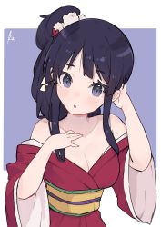 Rule 34 | 1girl, :o, absurdres, akiyama mio, alternate costume, black hair, breasts, cleavage, collarbone, grey eyes, hair behind ear, hand in own hair, hand on own chest, highres, japanese clothes, k-on!, kimono, light blush, lucabassiart, medium breasts, obi, off shoulder, open mouth, sash, side ponytail, solo, wide sleeves