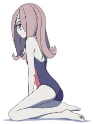 Rule 34 | 1girl, blue one-piece swimsuit, hair over one eye, light purple hair, little witch academia, long hair, one-piece swimsuit, pale skin, pink hair, red one-piece swimsuit, satochi, simple background, solo, sucy manbavaran, swimsuit, two-tone swimsuit, white background, witch
