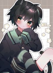 Rule 34 | 1boy, animal ears, asymmetrical legwear, black hair, blush, cat boy, cat button, cat ears, cat tail, collared shirt, eringikinono, frown, hat, highres, jacket, knees up, long sleeves, male focus, necktie, original, pantyhose, shirt, short hair, shorts, sleeves past fingers, sleeves past wrists, solo, striped clothes, striped pantyhose, sweat, tail, tilted headwear, yellow eyes