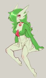 Rule 34 | 1girl, absurdres, arm support, breasts, choker, covered erect nipples, creatures (company), feet, full body, game freak, gardevoir, gen 3 pokemon, green hair, grey background, hair over one eye, heart, highres, long hair, looking up, medium breasts, nintendo, pokemon, pokemon (creature), pokemon rse, red eyes, saladbomb, simple background, sitting, smile, solo, spread legs