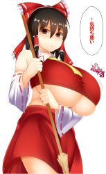 Rule 34 | 1girl, alternate breast size, bare shoulders, black hair, bow, breasts, broom, cleavage, detached sleeves, disgust, facominn, hair bow, hakurei reimu, highres, huge breasts, long hair, looking at viewer, no bra, parted lips, red eyes, scowl, simple background, skirt, solo, thighs, touhou, translated, underboob, white background