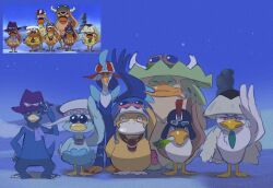 Rule 34 | 6+others, bird, character request, claws, creatures (company), duck, ducklett, evolutionary line, eyewear on head, farfetch&#039;d, full body, game freak, gen 1 pokemon, gen 3 pokemon, gen 5 pokemon, gen 8 pokemon, golduck, karoo (one piece), ludicolo, multiple others, night, night sky, nintendo, no humans, one piece, photo-referenced, pokemon, pokemon (creature), psyduck, quaquaval, sirfetch&#039;d, sky, smile, startboii, trait connection