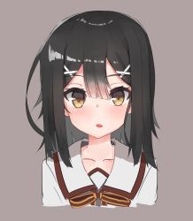Rule 34 | 1girl, black hair, blush, brown background, brown eyes, collarbone, collared shirt, commentary request, cropped torso, fate/kaleid liner prisma illya, fate (series), gyaito, hair between eyes, hair ornament, highres, homurahara academy school uniform, long hair, looking at viewer, miyu edelfelt, parted lips, school uniform, shirt, simple background, solo, teeth, upper body, upper teeth only, white shirt, x hair ornament