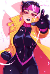 1girl black_bodysuit black_gloves black_hair black_lips bodysuit breasts coat eyewear_on_head gloves highres jubilee large_breasts long_coat looking_at_viewer marvel open_clothes open_coat pink-tinted_eyewear pink_eyes pointy_ears qtori short_hair solo tinted_eyewear x-men yellow_coat