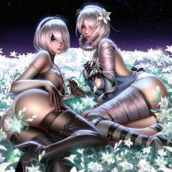 Rule 34 | 2girls, ass, bandaged arm, bandaged leg, bandages, black gloves, boots, braid, breasts, cleavage, flower, gloves, glowing flower, hair flower, hair ornament, hair over one eye, highres, in-franchise crossover, kaine (nier), liang xing, lingerie, lunar tear, multiple girls, negligee, nier:automata, nier (series), short hair, silver hair, thigh boots, thighhighs, time paradox, underwear, 2b (nier:automata)