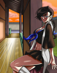 Rule 34 | 1girl, black hair, bleach, blue eyes, boots, breasts, cape, cleavage cutout, clothing cutout, evening, female focus, glasses, house, jacket, large breasts, looking at viewer, midriff, miniskirt, navel, school uniform, serious, sitting, skirt, solo, thick thighs, thighs, yadoumaru lisa