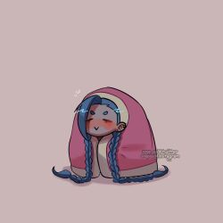 Rule 34 | 1girl, :&gt;, asymmetrical bangs, blanket, blush, braid, closed eyes, closed mouth, ear piercing, earrings, green hair, grey background, happy, highres, jewelry, jinx (league of legends), league of legends, piercing, simple background, smile, soap ai, solo, twin braids, twintails, watermark