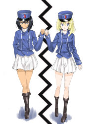 Rule 34 | 2girls, andou (girls und panzer), arm behind back, bad id, bad pixiv id, bc freedom (emblem), bc freedom military uniform, black eyes, black footwear, black hair, blonde hair, blue eyes, blue headwear, blue jacket, blue vest, boots, closed mouth, commentary request, dark-skinned female, dark skin, dress shirt, emblem, eno (mauritz stiller), fist bump, frown, full body, girls und panzer, hat, high collar, highres, jacket, kepi, knee boots, long sleeves, looking at viewer, medium hair, messy hair, military, military hat, military uniform, miniskirt, multiple girls, oshida (girls und panzer), pleated skirt, shadow, shirt, simple background, skirt, smile, standing, uniform, vest, white background, white shirt, white skirt