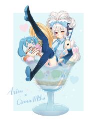 Rule 34 | 2girls, absurdres, aqua background, arm tattoo, artist name, black footwear, black sleeves, blue bow, blue hair, blue pants, blue shirt, boots, border, bow, candy, cat tattoo, character name, chibi, chocolate syrup, cinnamiku, closed mouth, deararisu, detached sleeves, drinking straw, food, fruit, hair bow, hair rings, hatsune miku, heart, heterochromia, highres, ice cream, ice cream cup, kiwi (fruit), kiwi slice, leg up, light blush, light particles, long hair, long sleeves, looking at viewer, multiple girls, outside border, oversized food, oversized object, panties, pants, pantyshot, parted lips, sanrio, shirt, shoe soles, short hair, sidelocks, sitting, sleeveless, sleeveless shirt, sparkle, sprinkles, striped clothes, striped panties, sundae, tattoo, thigh boots, thighs, twintails, two-tone bow, underwear, vocaloid, whipped cream, white border, white bow, yogurt
