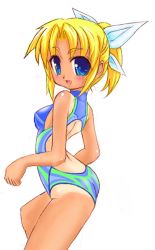 Rule 34 | 1girl, :d, blonde hair, blue eyes, blush, from side, halterneck, looking at viewer, miyauchi lemmy, one-piece swimsuit, one-piece tan, open mouth, ponytail, short hair, simple background, smile, solo, swimsuit, tan, tanline, teiou netsuaimaru, to heart, to heart (series), turtleneck, white background