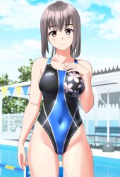 Rule 34 | 1girl, absurdres, black one-piece swimsuit, blue sky, breasts, brown eyes, closed mouth, cloud, commentary request, contrapposto, covered navel, cowboy shot, day, floral print, gluteal fold, grey hair, groin, hand on own chest, highleg, highleg swimsuit, highres, lane line, long hair, looking at viewer, medium breasts, one-piece swimsuit, original, outdoors, pool, sidelocks, sky, solo, swimsuit, takafumi, two-tone swimsuit