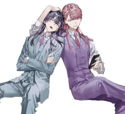 Rule 34 | 2boys, absurdres, arm on another&#039;s shoulder, blue suit, chamuring, crossed arms, crossed legs, formal, frown, green eyes, haitani rindou, hand on another&#039;s head, head rest, highres, holding, holding phone, leaning on person, leaning to the side, light blue jacket, looking at phone, male focus, multicolored hair, multiple boys, necktie, open mouth, pants, phone, pink hair, purple hair, purple necktie, purple vest, saliva, sanzu haruchiyo, scar, scar on face, shirt, sitting, sleeping, sleeves rolled up, suit, teeth, tokyo revengers, two-tone hair, upper teeth only, vest, white shirt, wolf cut, yaoi