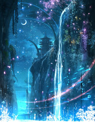 Rule 34 | 1girl, absurdres, bare tree, blue theme, bubble, cherry blossoms, commentary, crescent moon, dress, fish, glowing, glowing petals, halo, highres, lizard, medium hair, moon, mountain, night, original, pagoda, petals, plant, rinneko (rinne paint), scenery, sky, star (sky), star (symbol), starry sky, torii, tree, very wide shot, water, waterfall, wide shot