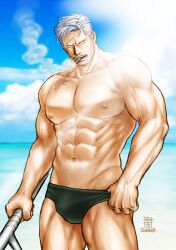 Rule 34 | 1boy, abs, bara, beach, blue male swimwear, bulge, cowboy shot, facial hair, holding, holding weapon, kokorozashi, large pectorals, light rays, looking to the side, male focus, male swimwear, mature male, medium sideburns, muscular, muscular male, navel, nipples, one piece, pectorals, scar, scar on face, scar on forehead, short hair, sideburns stubble, smoke, smoker (one piece), solo, sparse stubble, stitches, stomach, strongman waist, stubble, swim briefs, thighs, topless male, tsurime, veiny crotch, weapon, white hair