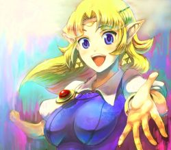 Rule 34 | 1girl, beckoning, blonde hair, blue eyes, chichi band, earrings, jewelry, nintendo, open mouth, outstretched hand, pendant, pointy ears, princess zelda, smile, solo, the legend of zelda, the legend of zelda: a link to the past, tiara