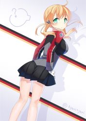 Rule 34 | 10s, 1girl, ?, bad id, bad pixiv id, blonde hair, breasts, from behind, german flag, gradient background, green eyes, hands on own hips, kantai collection, large breasts, long hair, looking back, low twintails, nyori, prinz eugen (kancolle), skirt, solo, spoken question mark, striped, striped background, twintails, twitter username