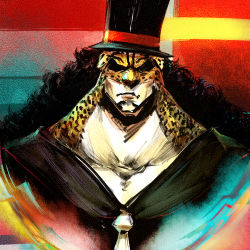 Rule 34 | &gt;:(, 1boy, animal ears, animal nose, black hair, collarbone, curly hair, dolvadeen, facial hair, formal, frown, furry, furry male, hat, leopard ears, lips, long hair, male focus, necktie, one piece, rob lucci, shaded face, solo, suit, top hat, upper body, v-shaped eyebrows