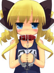 Rule 34 | 1girl, akechi kokoro, animal collar, black bow, blonde hair, blue eyes, bow, chain, chain leash, child, close-up, collar, cuffs, drill hair, embarrassed, flat chest, hair bow, hakuun (m2230), handcuffs, highres, leash, multiple bows, school swimsuit, simple background, solo, swimsuit, tantei opera milky holmes, tearing up, twin drills, twintails, upper body, white background