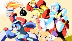 Rule 34 | 1girl, 6+boys, android, bad id, bad pixiv id, beige background, bomb, braid, capcom, cup, cut man, elec man, explosive, fire, fire man, fire, guts man, highres, holding, ice man, looking at viewer, mega man (character), mega man (classic), mega man (series), mega man 1, multiple boys, popporunga, robot, roll (mega man), single braid, torch, wallpaper, yellow background