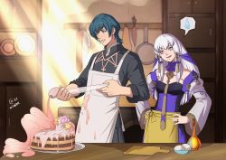 Rule 34 | 1boy, 1girl, apron, autumn sacura, blue eyes, blue hair, byleth (fire emblem), byleth (male) (fire emblem), cake, choker, cutting board, egg, fire emblem, fire emblem: three houses, food, hair ornament, hands on own hips, height difference, highres, husband and wife, indoors, jewelry, kitchen, lysithea von ordelia, nintendo, pink eyes, plate, ring, shawl, sleeves rolled up, smile, wedding ring, white hair