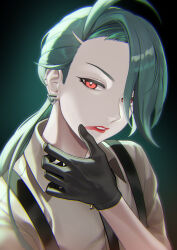 Rule 34 | 1girl, black gloves, black necktie, bright pupils, collared shirt, commentary request, creatures (company), earrings, game freak, gloves, green hair, hand up, highres, issa (user csud2242), jewelry, lipstick, long hair, makeup, necktie, nintendo, pokemon, pokemon sv, ponytail, red eyes, red lips, rika (pokemon), shirt, smeared lipstick, solo, stud earrings, suspenders, white pupils