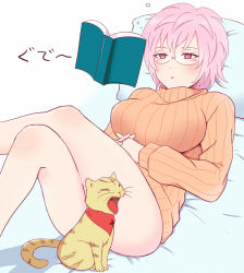 Rule 34 | 10s, 1girl, anpu, book, bottomless, breasts, cat, convenient censoring, floating book, floating object, glasses, interlocked fingers, koro (koinori), large breasts, legs, crossed legs, lying, naked sweater, on back, open book, own hands clasped, own hands together, pink eyes, pink hair, reading, ribbed sweater, saiki kusuko, saiki kusuo no psi nan, short hair, sleepy, solo, sweater, telekinesis, yawning