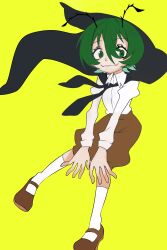 Rule 34 | 1girl, absurdres, black cape, brown footwear, brown shorts, cape, closed mouth, collared shirt, commentary request, fangs, full body, green eyes, green hair, hair between eyes, hands on own knees, highres, juliet sleeves, kaninocrab, long bangs, long sleeves, looking at viewer, mary janes, puffy sleeves, shirt, shoes, short hair, shorts, simple background, skin fangs, smile, socks, solo, touhou, white shirt, white socks, wriggle nightbug, yellow background