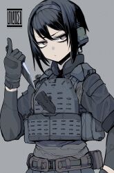 Rule 34 | 1girl, black hair, black skirt, brown eyes, closed mouth, gloves, grey background, grey gloves, grey jacket, hair between eyes, hand up, holding, holding knife, index finger raised, jacket, knife, looking at viewer, original, pleated skirt, sigama, simple background, skirt, solo