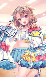 Rule 34 | bow, brown hair, clothes hanger, collarbone, destiny child, frilled skirt, frills, headband, holding, holding clothes, midriff, navel, neptune (destiny child), pink eyes, pleated skirt, ribbon, shoes, skirt, star (symbol), thighs