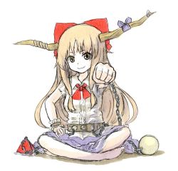 Rule 34 | 1girl, bad id, bad pixiv id, barefoot, blonde hair, bow, brown eyes, brown hair, chain, clenched hand, female focus, foreshortening, full body, hair bow, hair ornament, horns, ibuki suika, indian style, light brown hair, looking at viewer, shiratama (hockey), shirodama, simple background, sitting, sketch, sleeveless, smile, solo, touhou, traditional media, white background