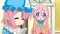 Rule 34 | 2girls, age difference, blush, contemporary, cosplay, crossover, closed eyes, female focus, frills, giggling, glasses, hat, look-alike, lucky star, mob cap, mother and daughter, multiple girls, phone, pink eyes, pink hair, purple eyes, saigyouji yuyuko, saigyouji yuyuko (cosplay), short hair, sweater, takara miyuki, takara yukari, third-party edit, touhou, triangular headpiece, upper body
