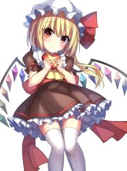 Rule 34 | 1girl, alternate costume, blonde hair, blush, bow, box, brown dress, crystal, demon wings, dress, flandre scarlet, frilled shirt collar, frills, gift, hat, hat ribbon, head tilt, heart-shaped box, highres, holding, holding gift, janne cherry, knees together feet apart, long hair, looking at viewer, md5 mismatch, mob cap, puffy short sleeves, puffy sleeves, rainbow order, red bow, red eyes, red ribbon, resolution mismatch, ribbon, sash, short sleeves, side ponytail, solo, source larger, standing, tareme, thigh gap, thighhighs, touhou, valentine, w arms, white hat, white thighhighs, wings, zettai ryouiki