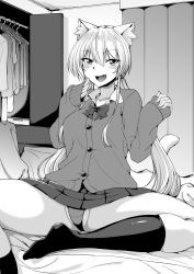 Rule 34 | 1girl, animal ears, bed, bedroom, breasts, cardigan, cat ears, cat girl, cat tail, closet, curtains, fang, highres, long hair, long sleeves, looking at viewer, medium breasts, monochrome, nokoppa, panties, ribbon, skirt, smile, socks, solo, spread legs, tail, thick thighs, thighs, twintails, underwear
