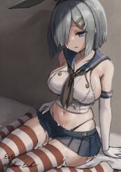 Rule 34 | 1girl, black panties, blue eyes, blue sailor collar, breasts, cosplay, crop top, cum, cum on body, eckert&amp;eich, elbow gloves, empty eyes, facial, female focus, gloves, grey hair, hair ornament, hair over one eye, hairband, hairclip, hamakaze (kancolle), highleg, highleg panties, highres, kantai collection, large breasts, microskirt, one-hour drawing challenge, panties, parted lips, pleated skirt, sailor collar, sash, shimakaze (kancolle), shimakaze (kancolle) (cosplay), short hair, sitting, skindentation, skirt, solo, striped clothes, striped thighhighs, thighhighs, underwear, wariza, white gloves